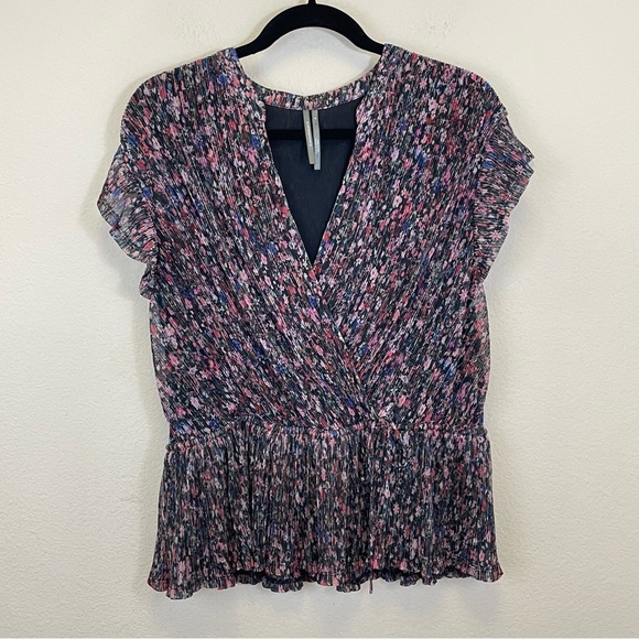 Anthropologie Floral Metallic Pleated Surplice Peplum Blouse Size Medium - Picture 4 of 10